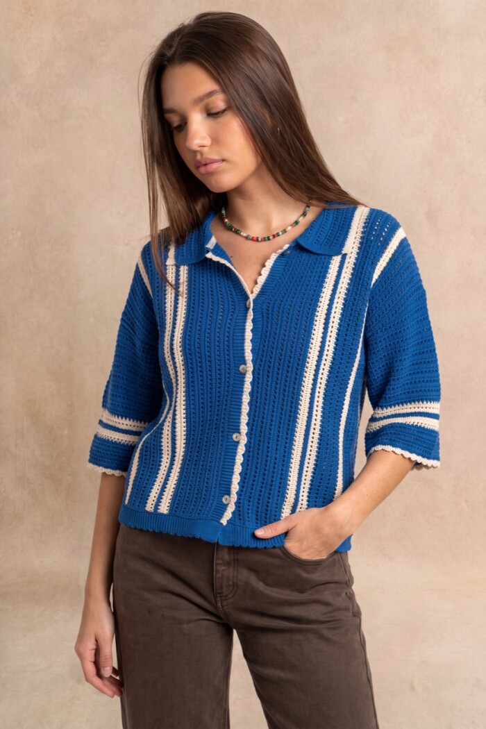 Camisa Rayada Crochet Azul
