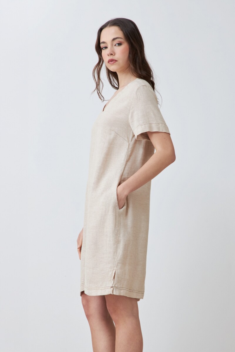 Vestido de lino con pespuntes en contraste beige melange