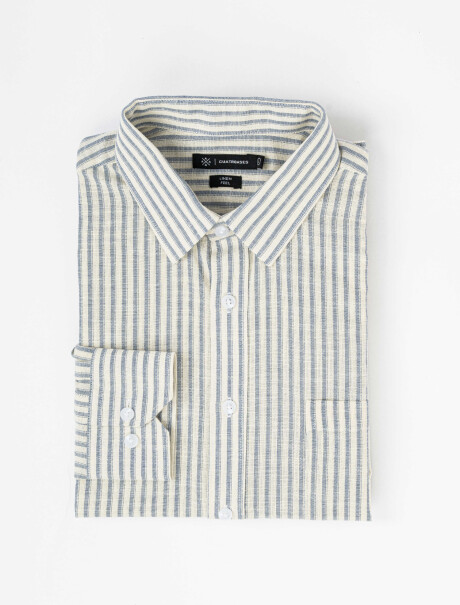 Camisa m/l efecto lino rayada celeste
