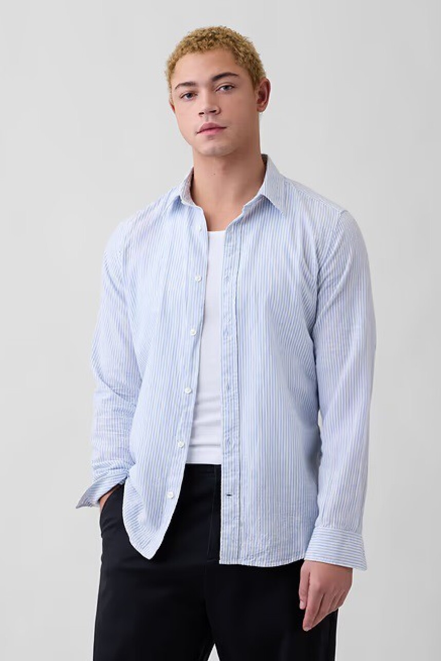 Camisa De Lino Hombre White Blue Stripe