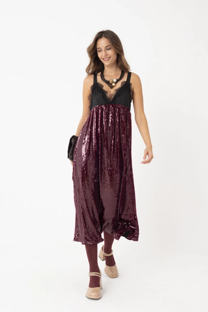 VESTIDO LARGO DE LENTEJUELA Bordo