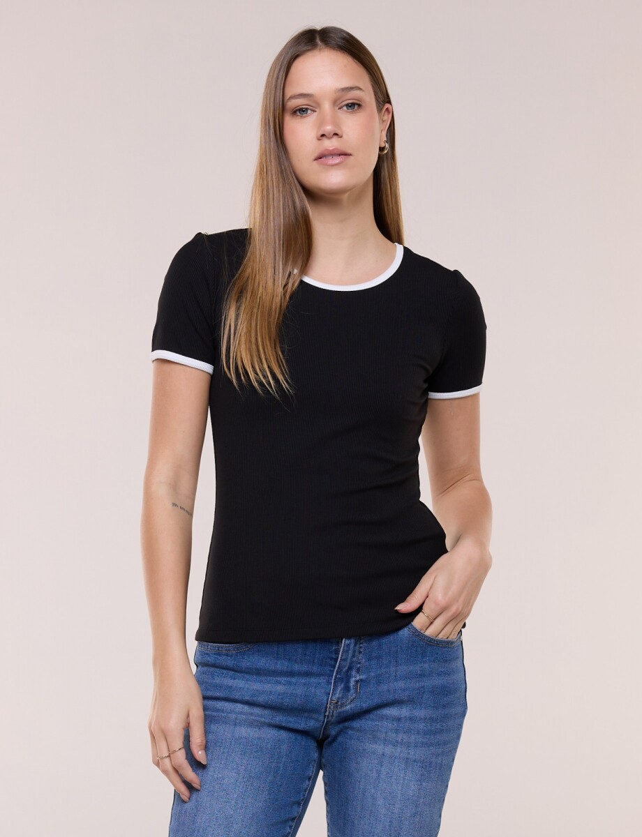 Remera Basica Ribs Contraste - Negro/blanco 