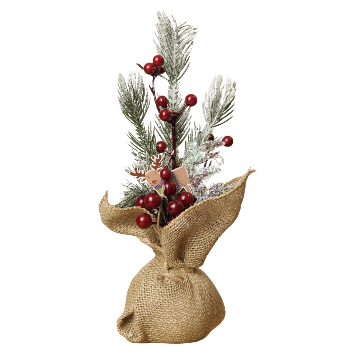Adorno bolsa de arpillera con ramo nevado muerdago 
