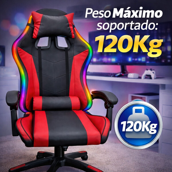 Silla Gamer Con Luces Led Rgb Ergonómica Y Reclinable 120kg ROJO