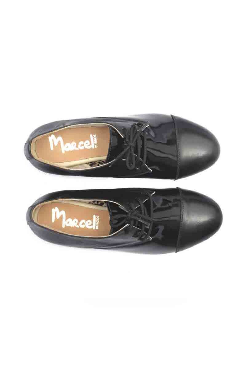Zapato Bajo Combinado Acordonado Cuero Negro Charol