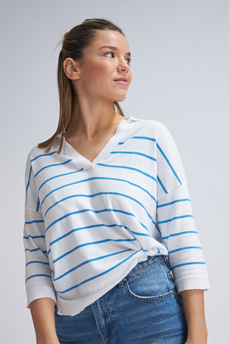 Sweater tejido cuello polo Blanco Con Turquesa