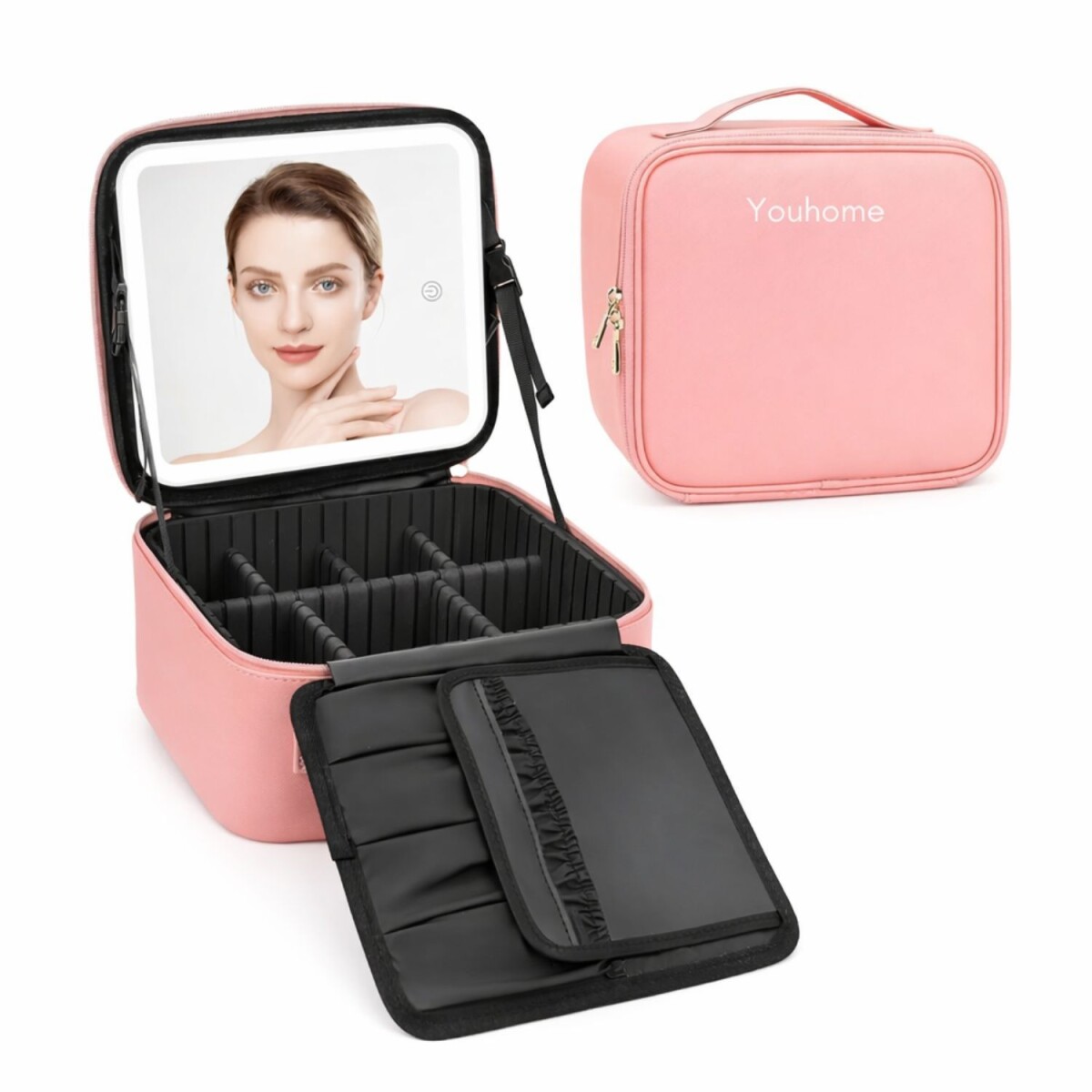 Organizador Maquillaje Maletin Maleta Valija Espejo Led Luz Ajustable Divisiones Neceser Cosméticos Color Rosa 