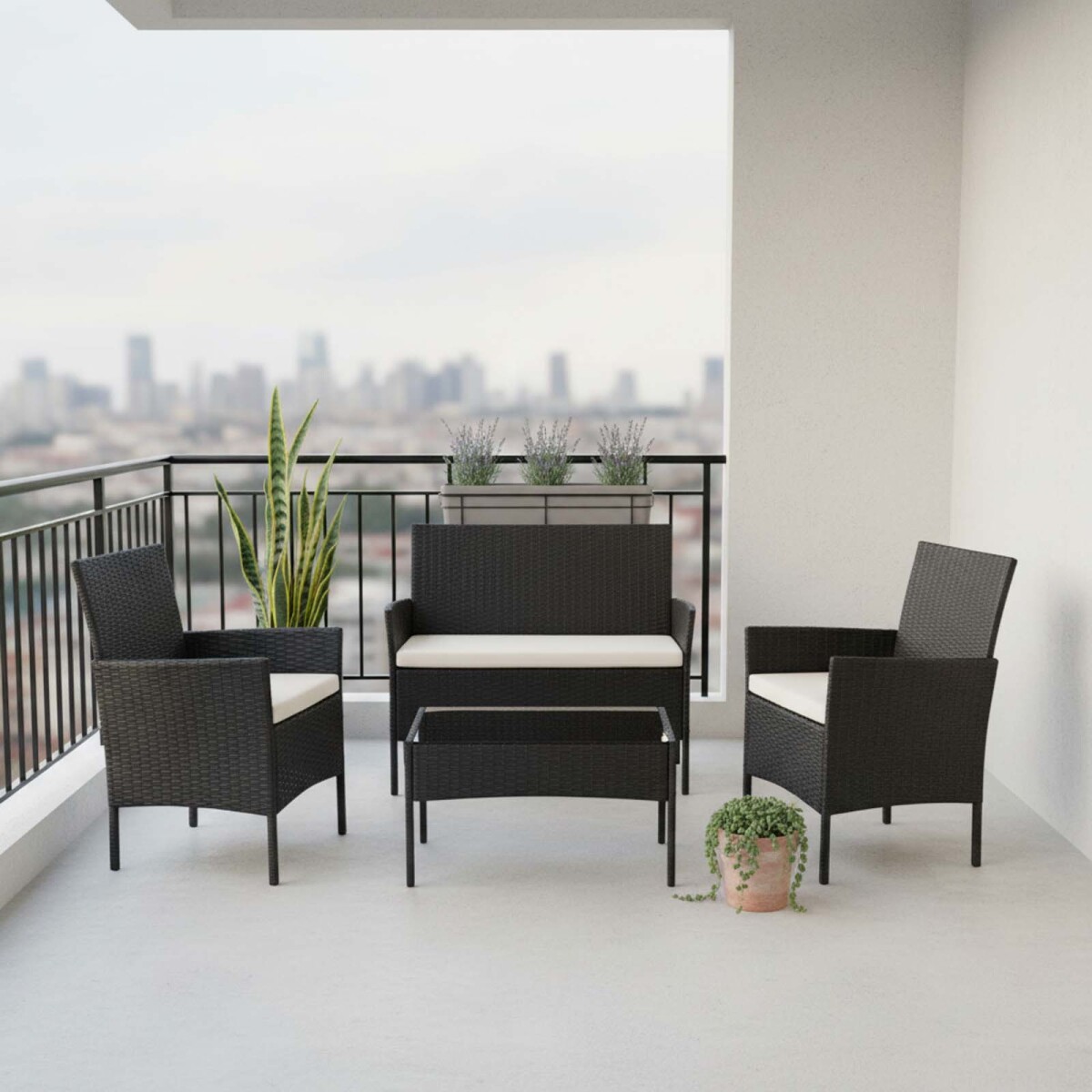 SET LIVING EXTERIOR - RATTAN-SINTETICO-Y-ACERO NEGRO APOLO 
