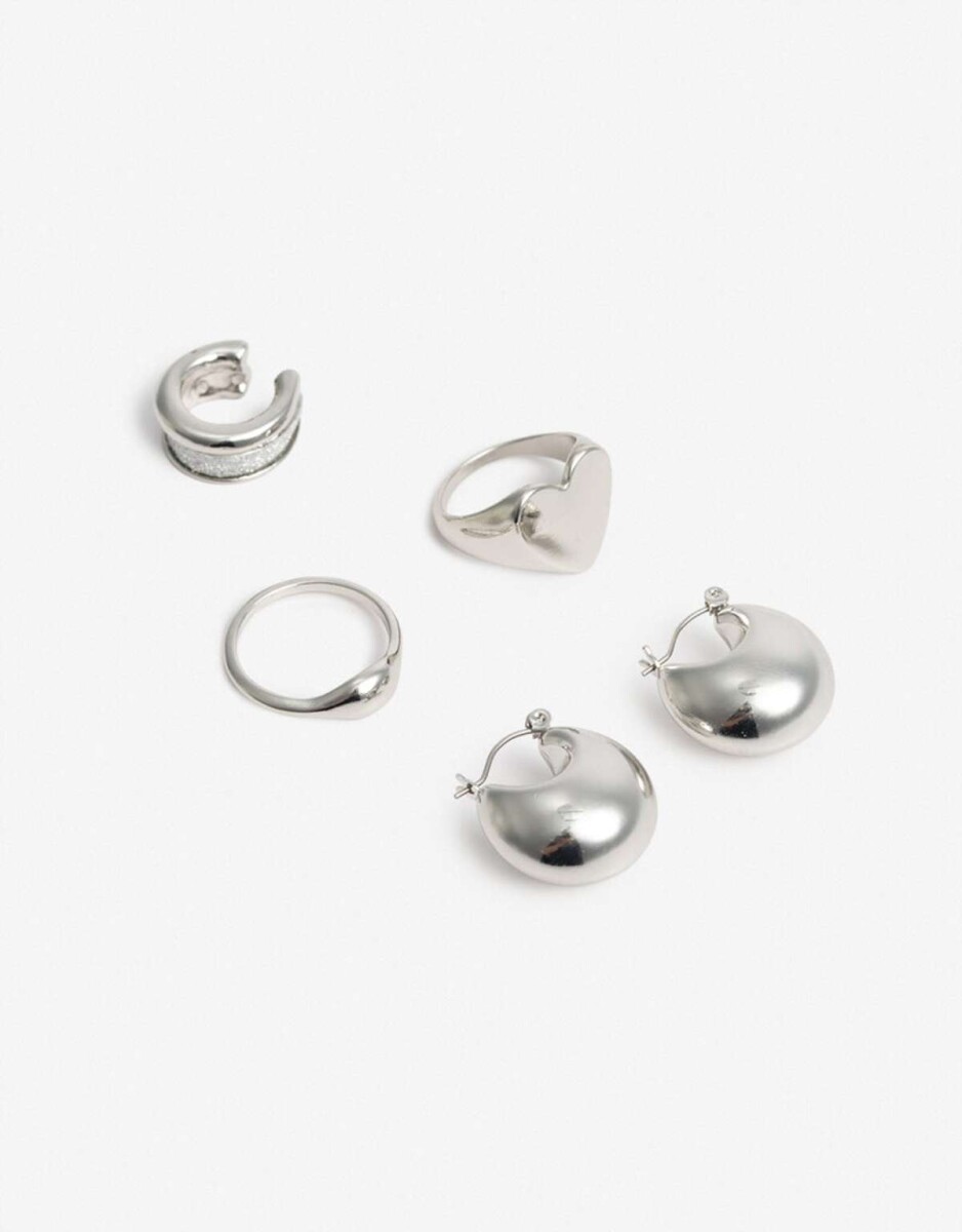 Set De Aros Y Anillos - Plateado Rodio 
