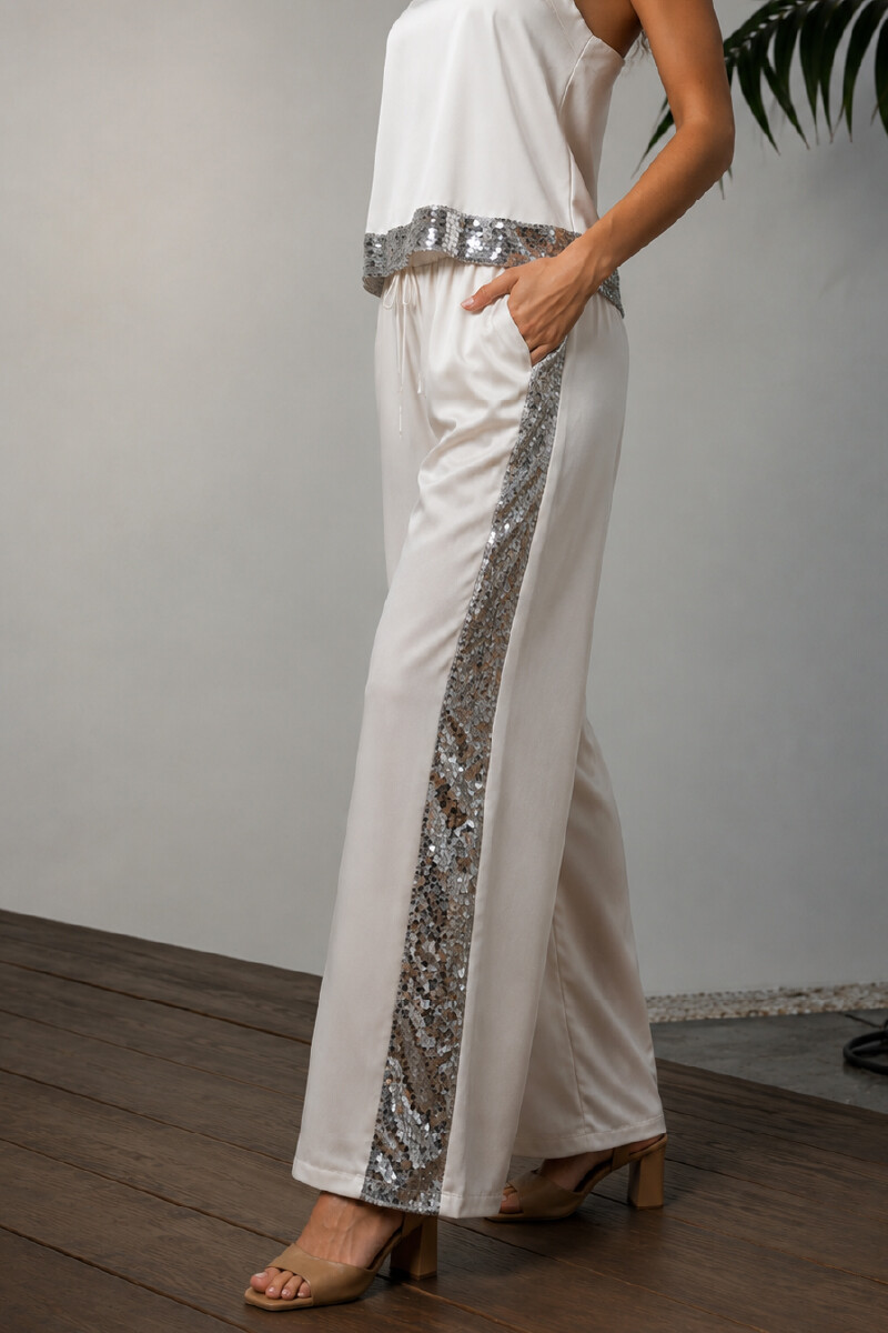 PANTALON P233/25 ENGOMADO CON AÑADIDO DE LENTEJUELAS Marfil
