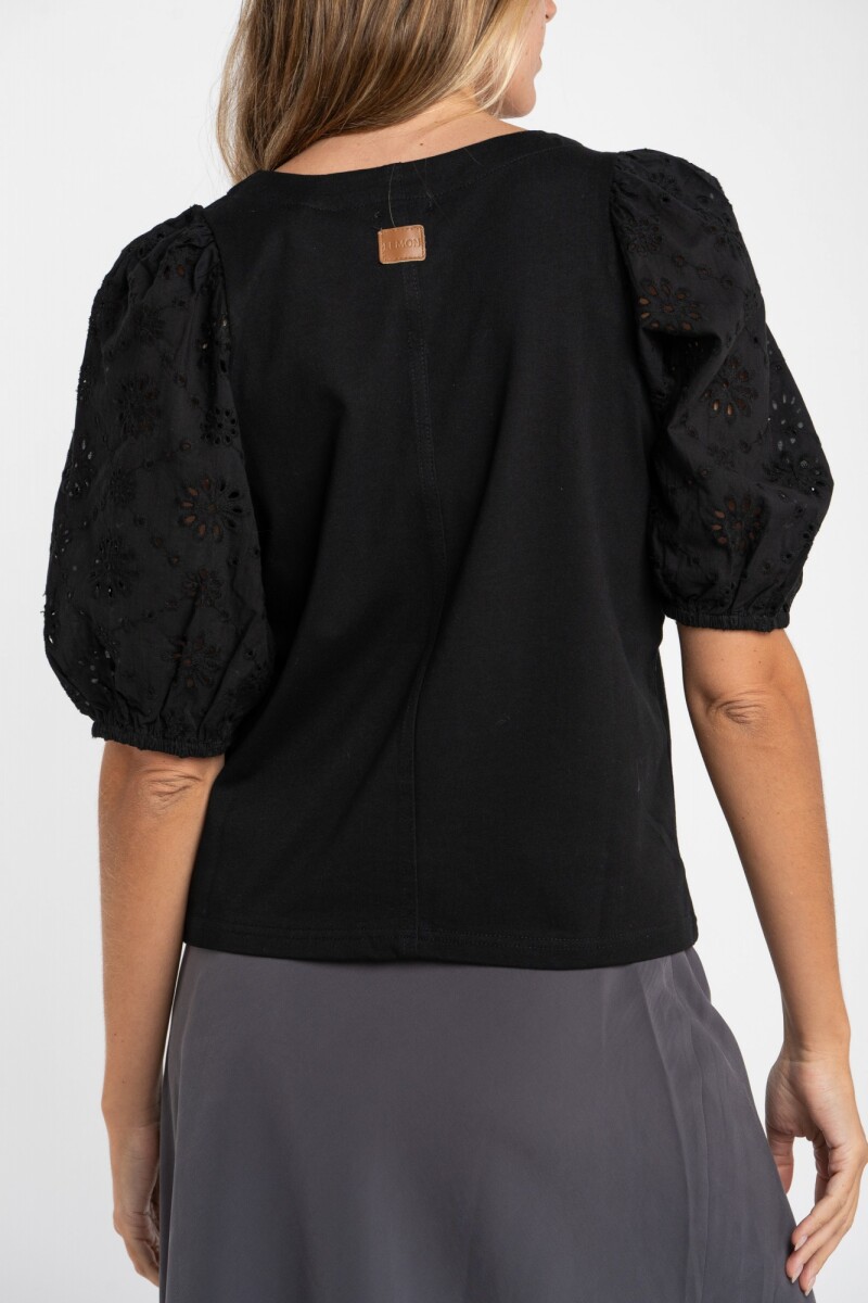 Remera Manga Globo Broderie Negro