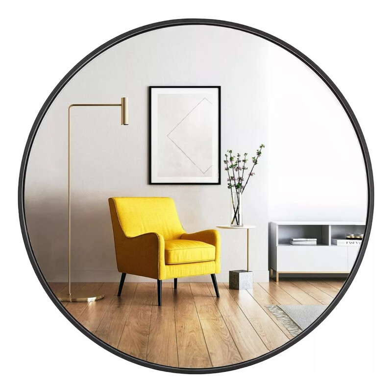 Espejo Redondo Circular 80 Cm Marco Hierro Negro Negro