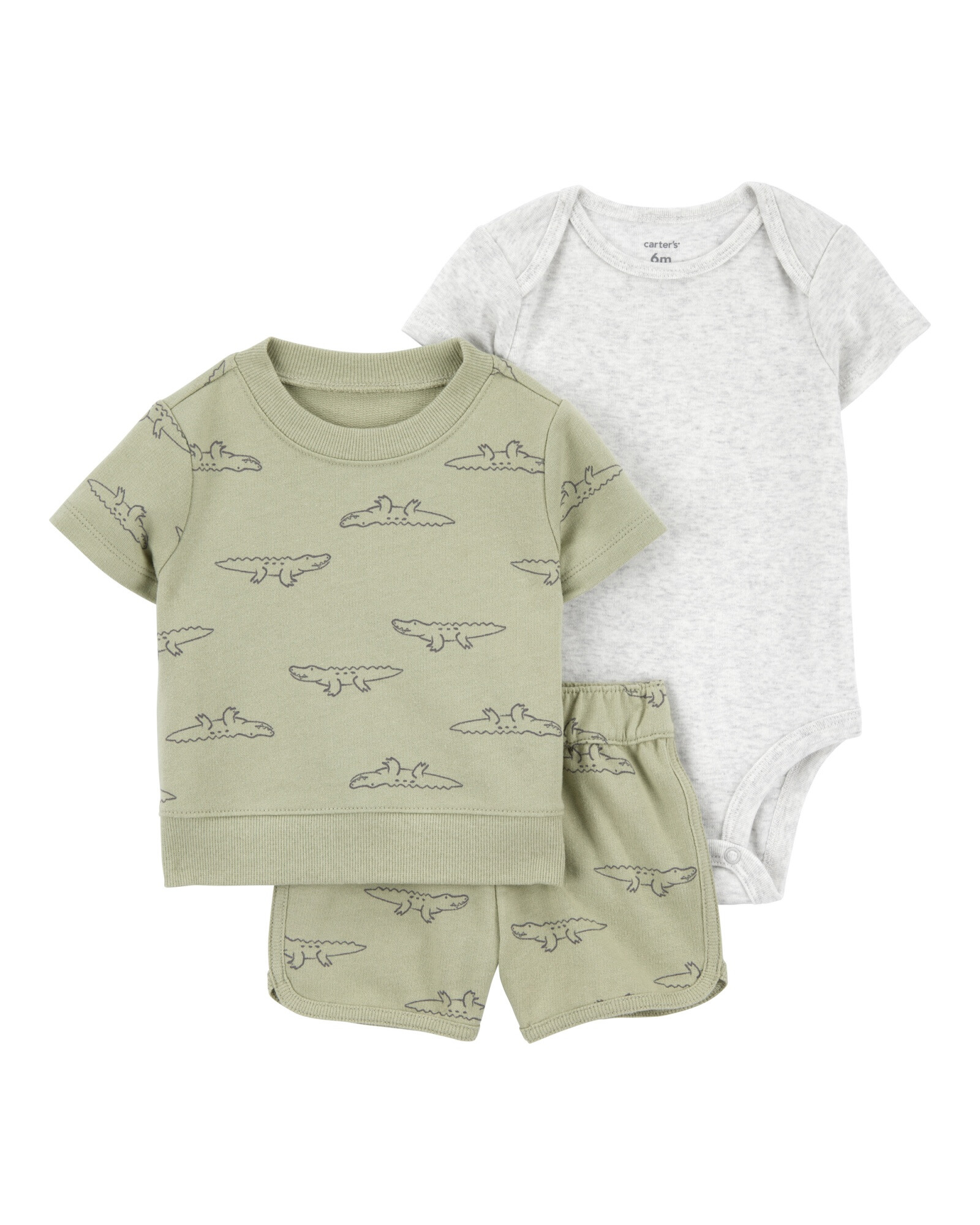 Set tres piezas de algodón, short, remera y body, diseño caimanes Sin color