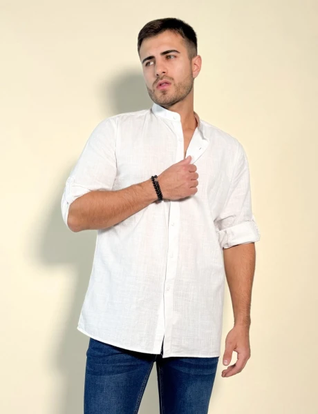 Camisa Hercules con cuello mao de lino y algodón Blanco