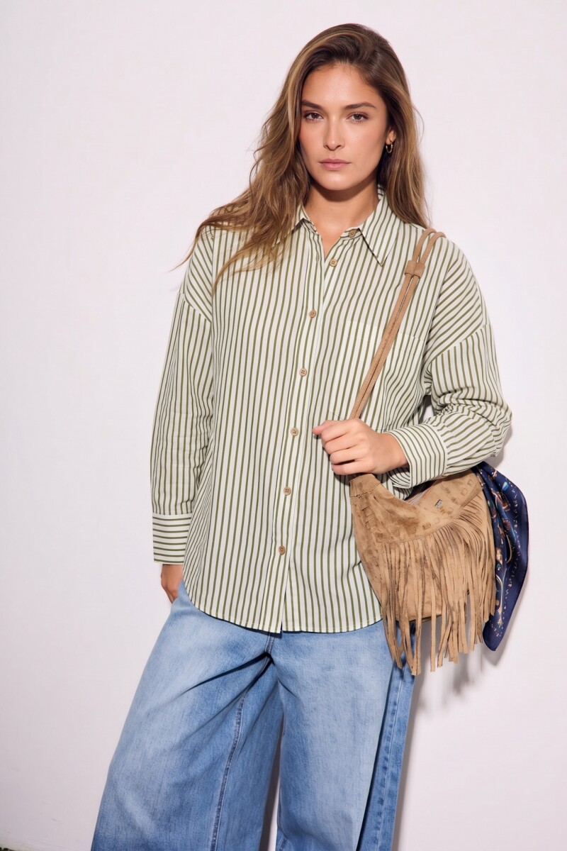 Camisa Rayada Con Lino Oliva
