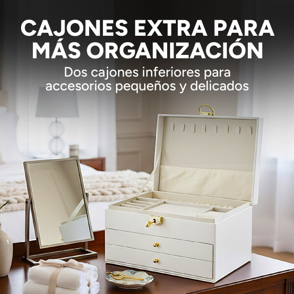 Joyero Organizador Alhajero 3 Pisos C/Llave Cuero Terciopelo Blanco