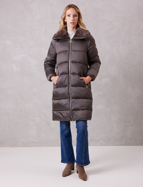 Campera Puffer Satinada Con Cuello De Piel MARRON