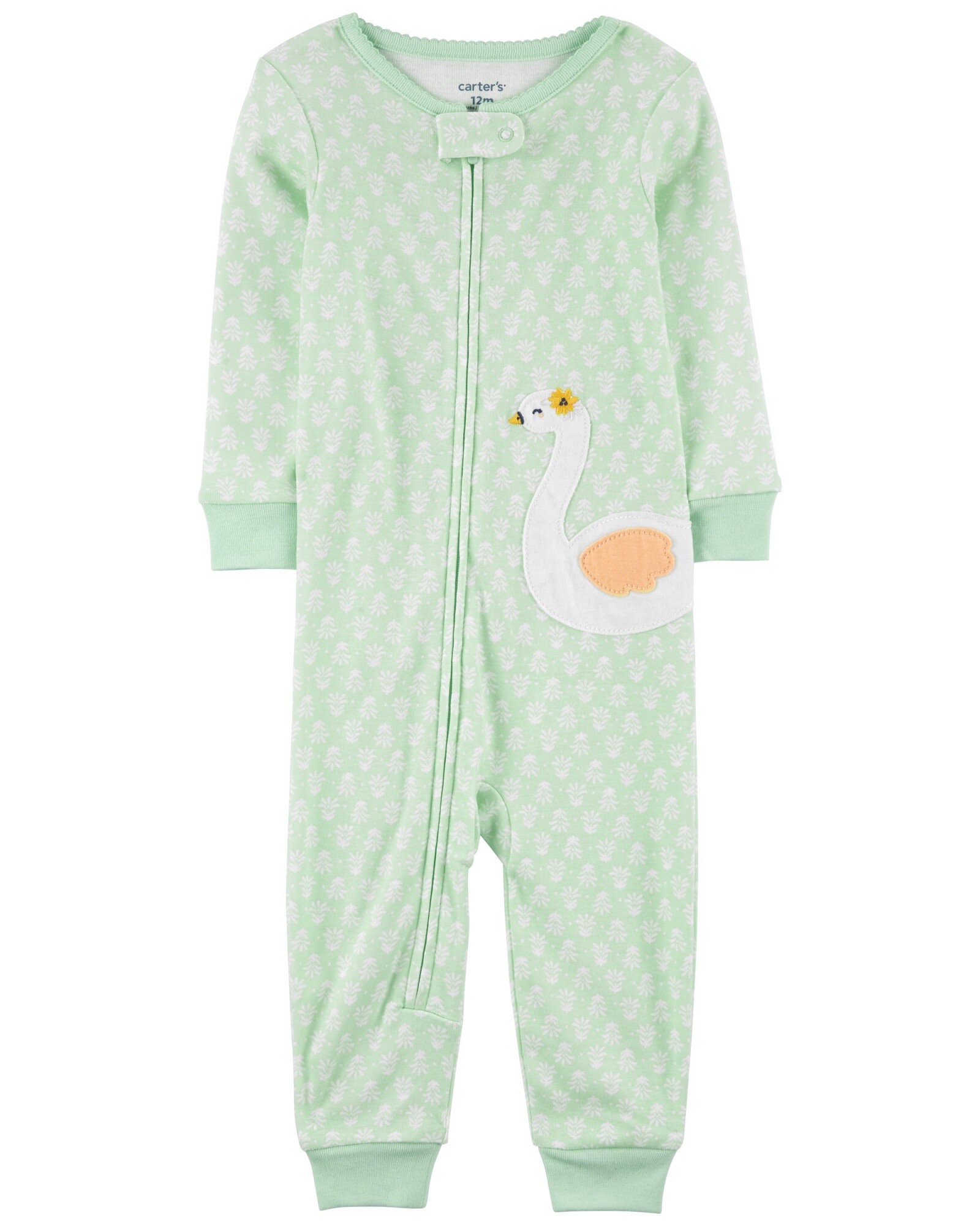 Pijama una pieza de algodón, verde, estampa cisne. Talles 2-5T Sin color