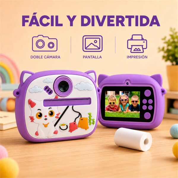 Cámara Infantil Instantánea Gatito con Doble Lente y Selfie Violeta
