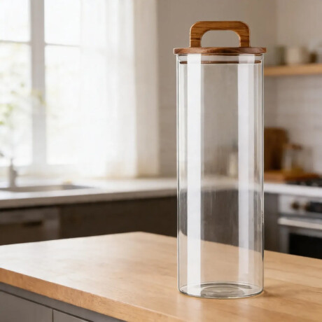 Frasco Recipiente Vidrio Tapa Madera Asa Transparente Transparente