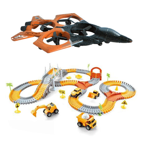 Set Pista Carreras Flexible Ciudad 220P + Avión Dron Remoto Naranja