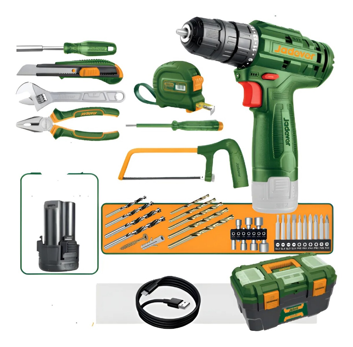 Kit de Herramientas para el Hogar con Taladro Inalámbrico Jadever 12V y Maletín 