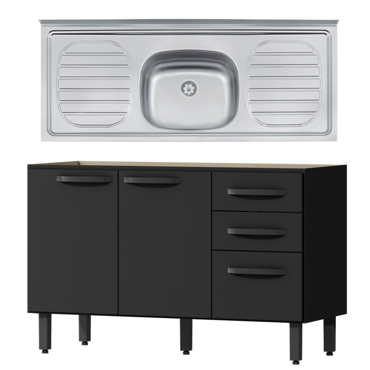 Bajo Mesada 3 Puertas y 2 Cajones con Pileta Central Tramontina Acero Inox - Negro 