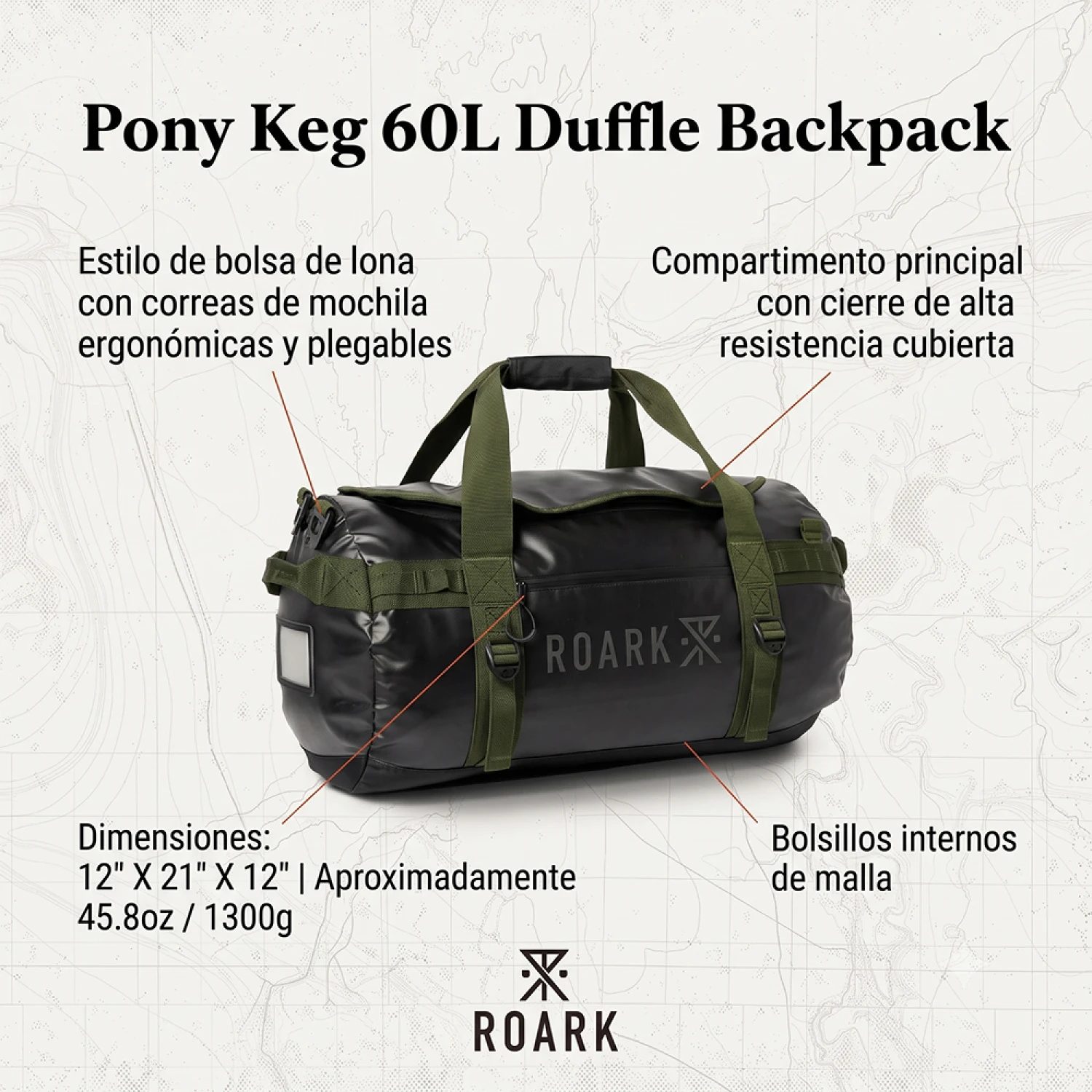 Bolso Roark Pony Keg 60L Duffle negro con sus características