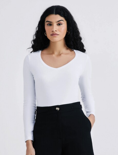 BLUSA BÁSICA DE MANGA LARGA Y CUELLO EN V BLANCO