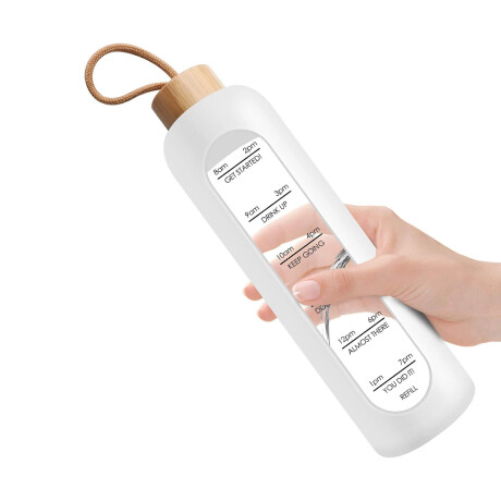 Botella de vidrio con funda de silicona y tapa de bambú con frases motivacionales Blanco