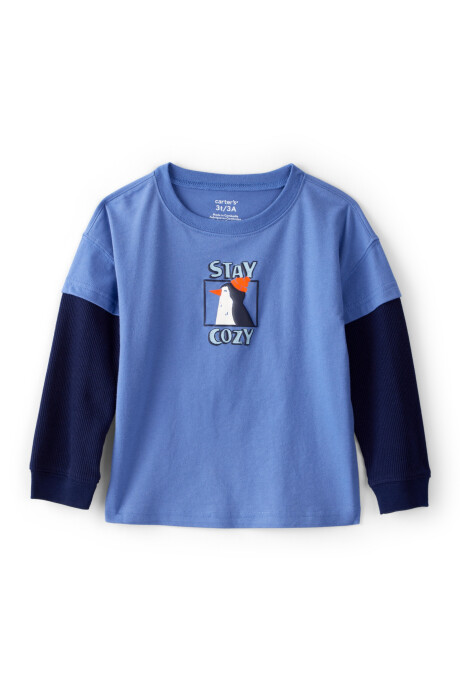 Remera de algodón, manga larga, azul, estampa pingüino Sin color