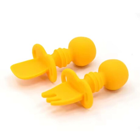 Set Mini Cubiertos con Cuchara y Tenedor en Silicona p/ Bebé Amarillo