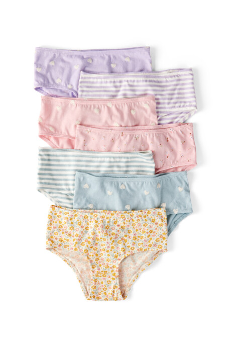 Pack siete bombachas de algodón, diseños corazones, flores y rayas. Talles 2/3T-4/5T Sin color