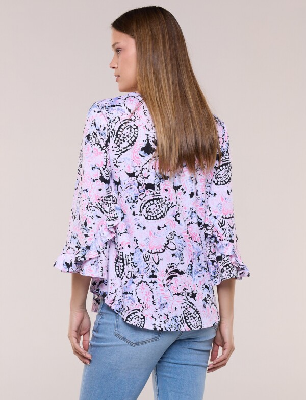 Blusa Holgada Manga 3/4 Con Volado ROSA/MULTI