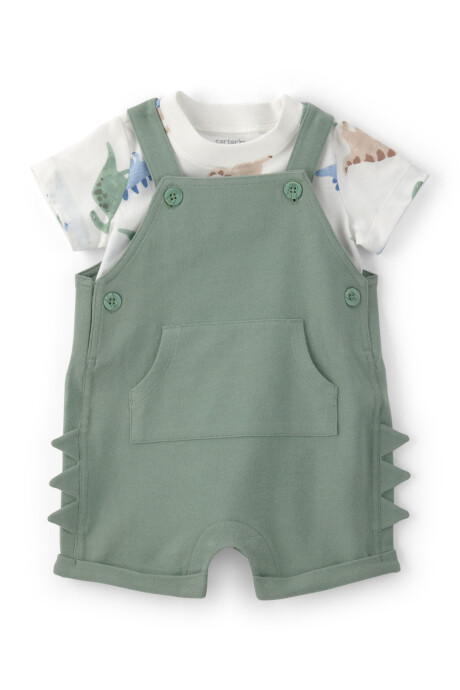 Set dos piezas de algodón, enterito corto verde y remera, diseño dinos Set dos piezas de algodón, enterito corto verde y remera, diseño dinos