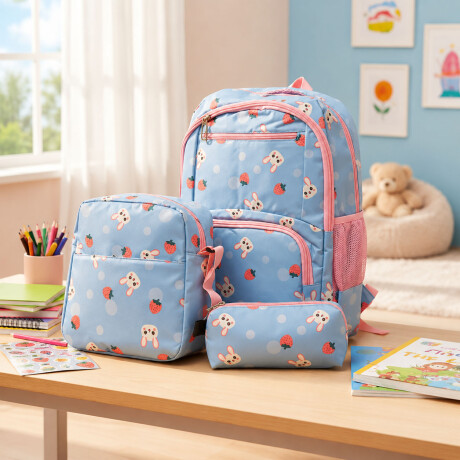 Set Mochila 3 Piezas Diseño Frutillitas Escolar Resistente Celeste