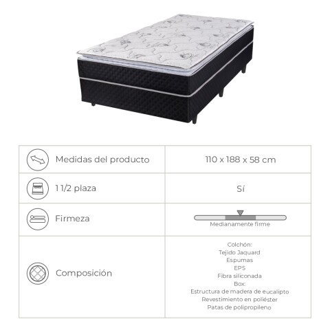 UNA Y MEDIA PLAZA + BOX - Conjunto de Sommier Atenas EPS con Pillow Top 1 y 1/2 Plaza 190x110x57 130K UNA Y MEDIA PLAZA + BOX - Conjunto de Sommier Atenas EPS con Pillow Top 1 y 1/2 Plaza 190x110x57 130K