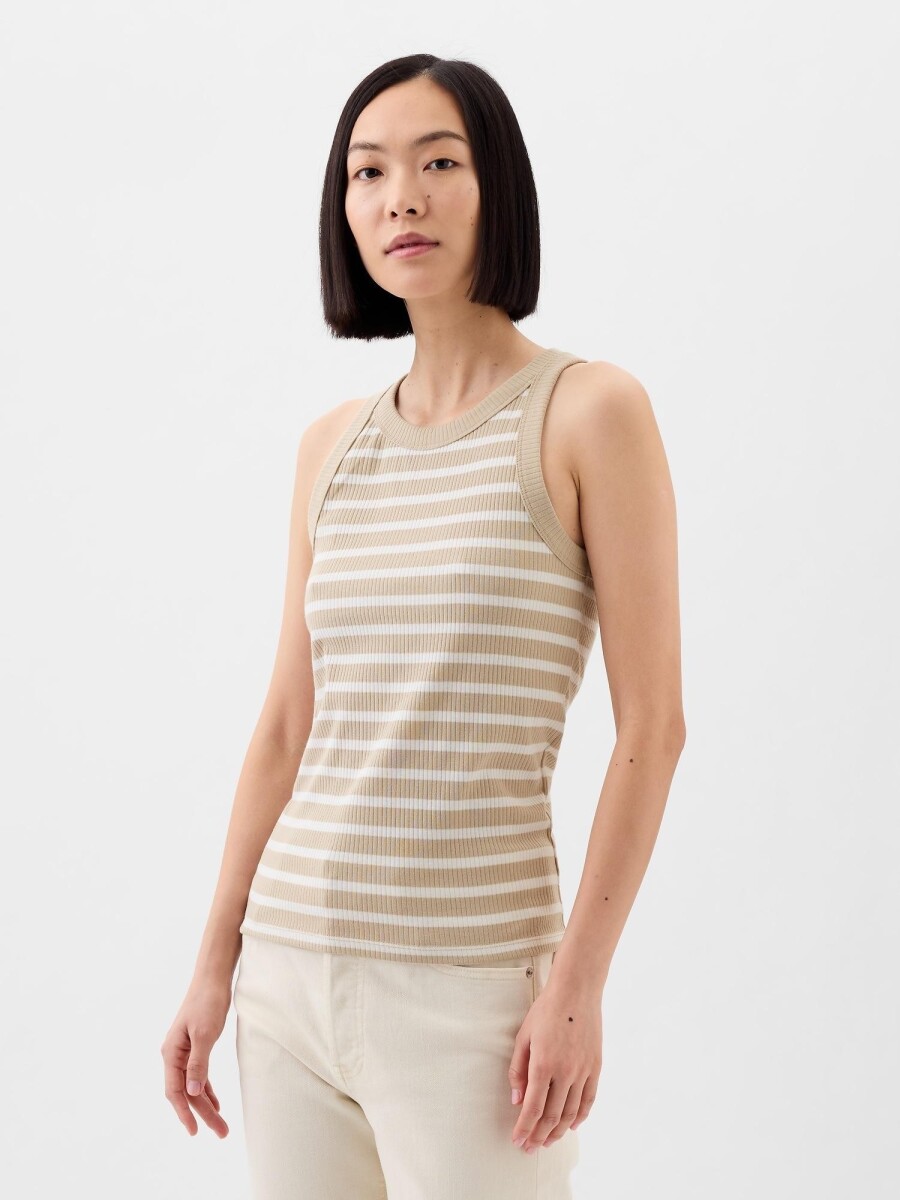 Musculosa Cuello Alto A Rayas Mujer - Beige Stripe 