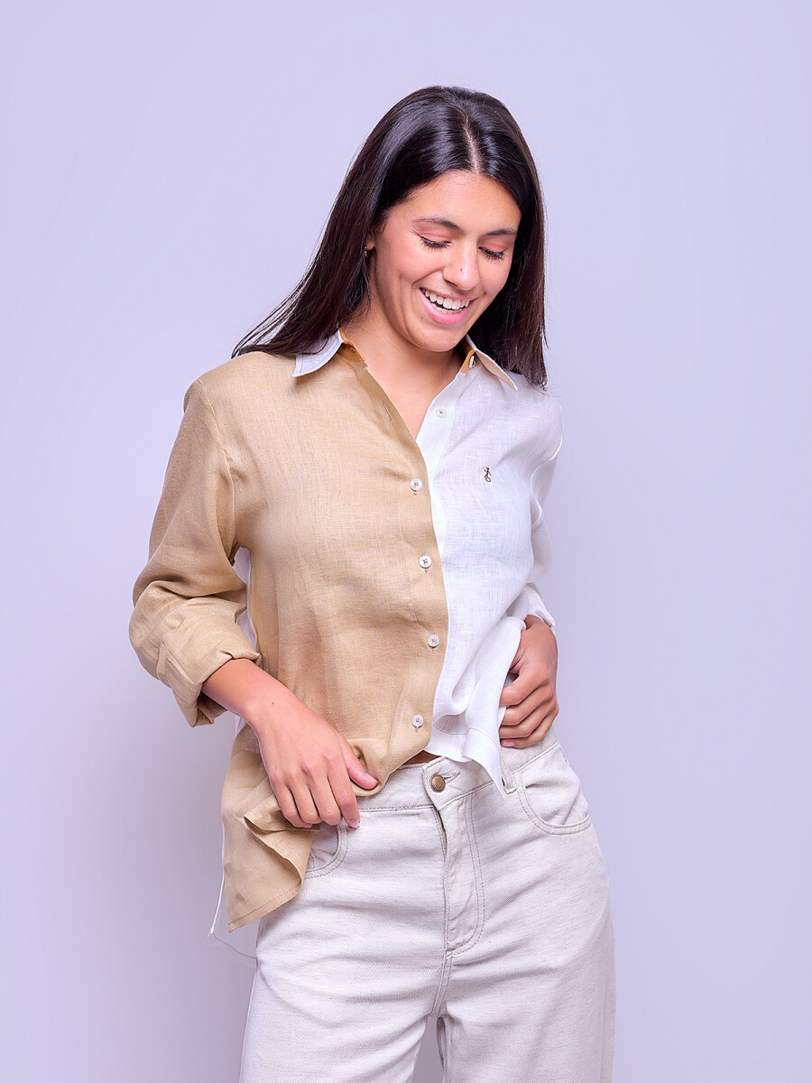 Camisa Suspiro en Lino Combinada - Blanco con Camel 