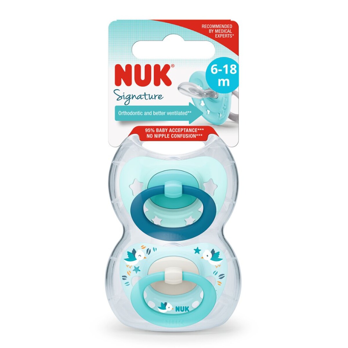 Chupetes Nuk x2 + Porta Chupete Línea Signature - Azul 6-18m 