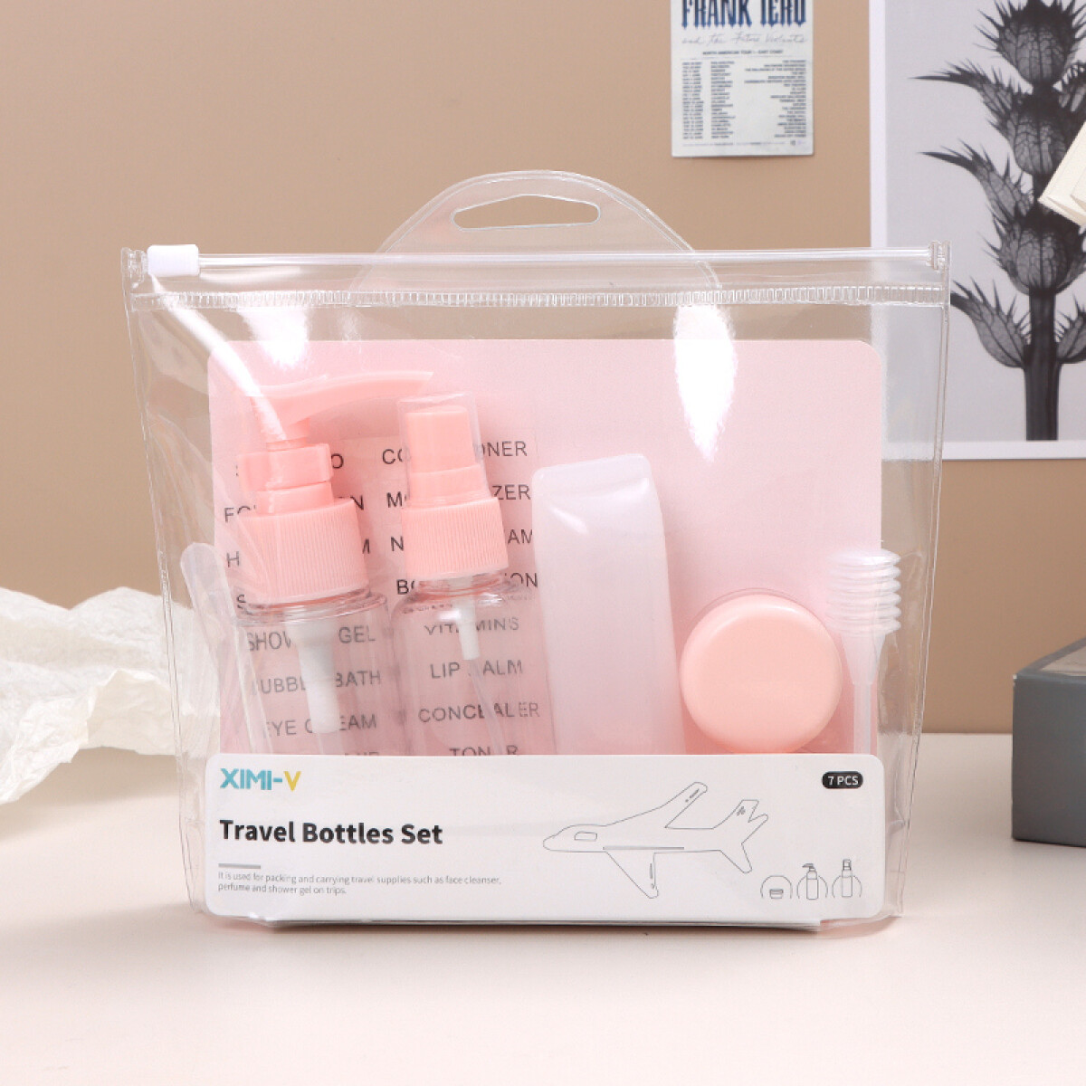 Set Botellas De Viaje Con Tapa Rosa Y Neceser - 7 Piezas - A 