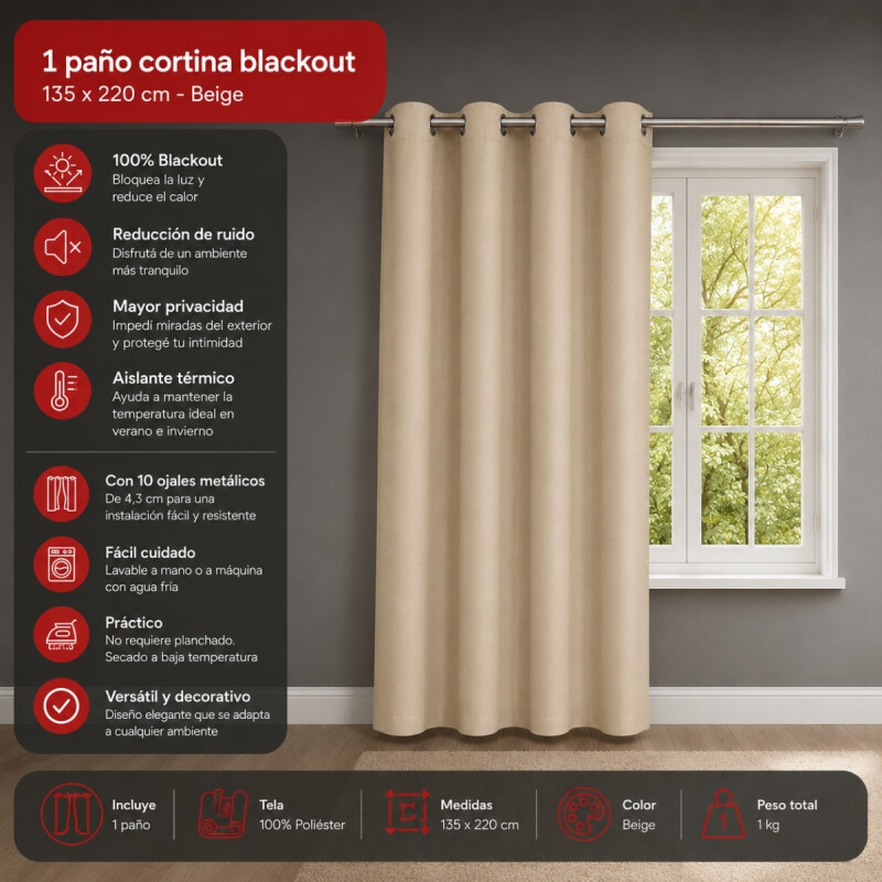 Cortina 100% Blackout 1 paño 135 x 220 BEIGE