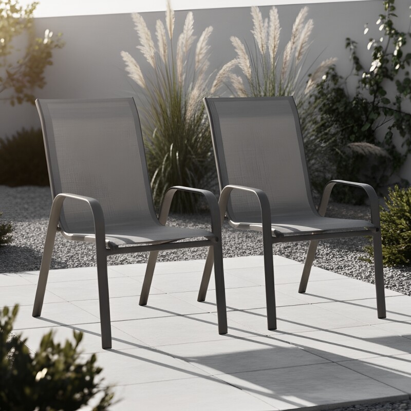 Set x2 Silla De Jardín De Metal Y Textilina Apilable con Apoyabrazos GRIS
