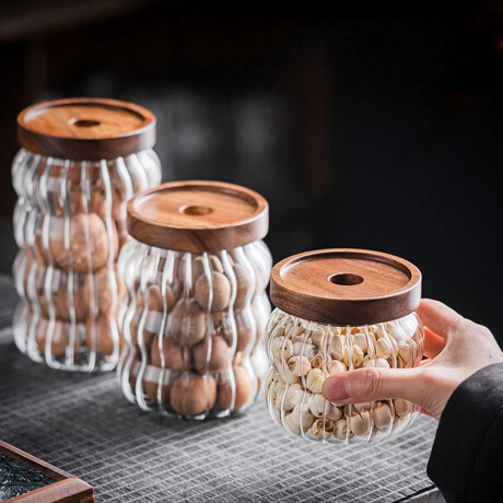 Frasco Recipiente Tarro Waves en Vidrio y Tapa Madera 680Gr Transparente