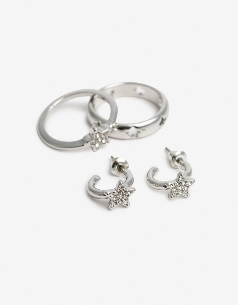 Bijouterie Set Metal Set De Argollas Y Anillos - Plateado Rodio
