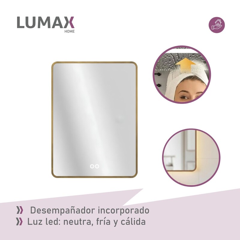 Espejo Vertical Lumax c/marco desempañador y Luz 90x70cm Dorado