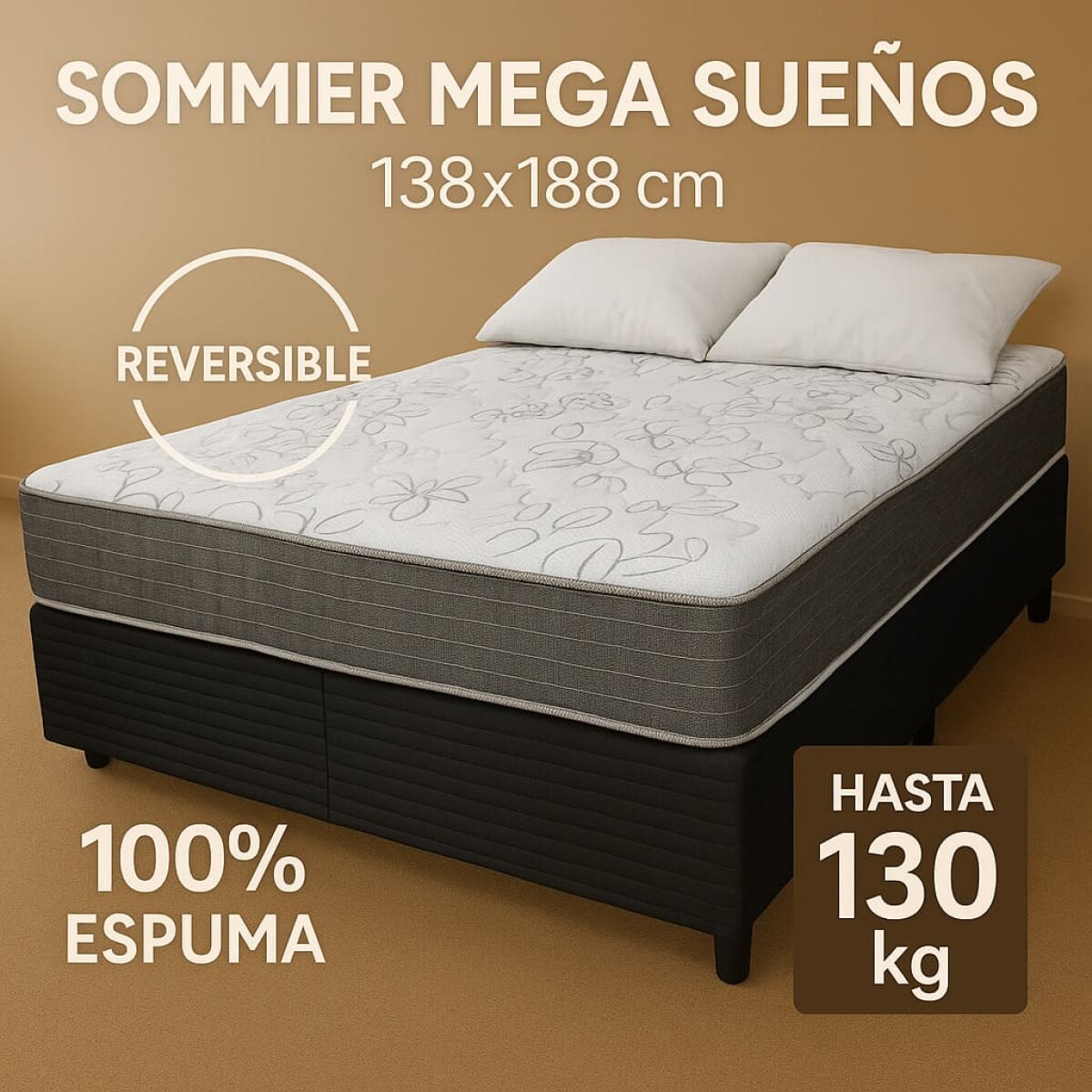 Sommier MEGA SUEÑOS - 2 Plazas - Reversible - 100% Espuma -138x188x18 cm - 130 Kg 