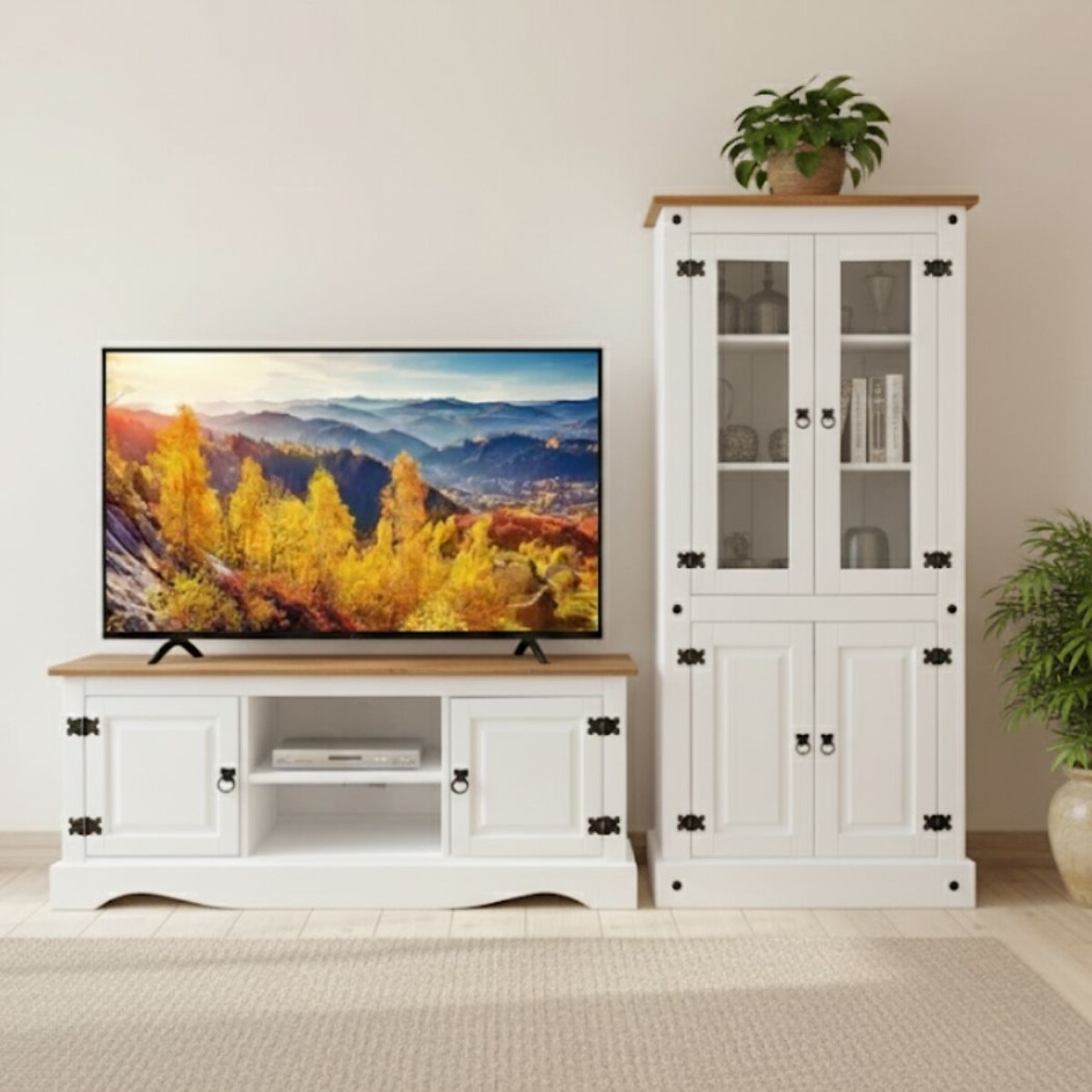 Promo Rack de Tv + Biblioteca con Cristalero Línea Naturale - Blanco 