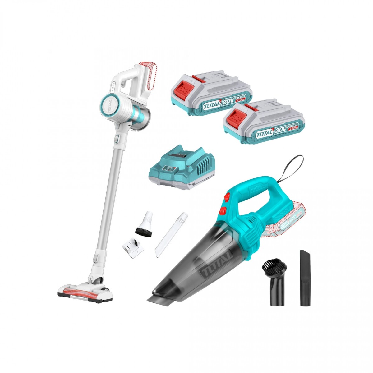 Kit Total Aspiradora 20V 0.5L + Aspiradora 0.8L + 2 Baterias 2.0AH + Cargador 