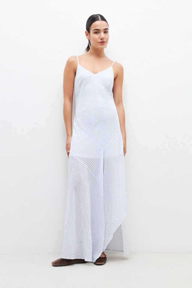 Maxi vestido a rayas con brillos celeste